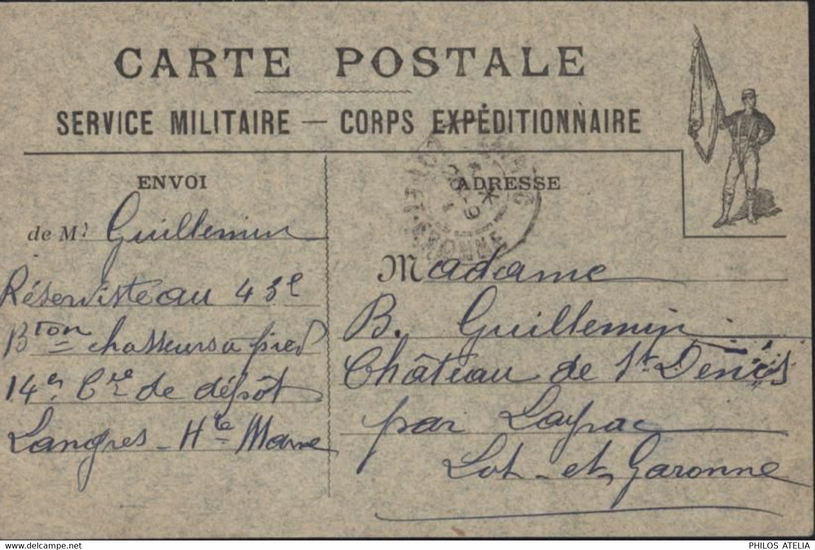 CP FM Carte Postale Franchise Service Militaire Corps Expéditionnaire Début Guerre 14  Soldat Porte Drapeau 12 9 1914 - Briefe U. Dokumente