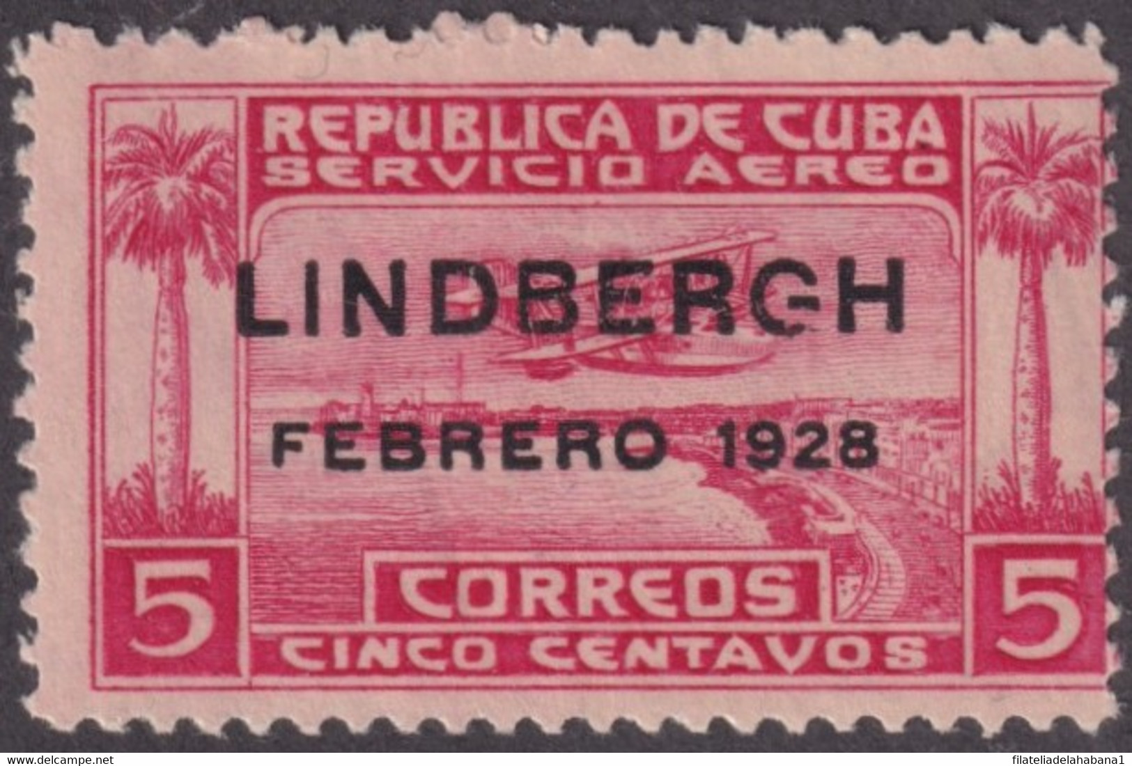 1928-174 CUBA REPUBLICA 1928 MNH 5c LINDBERGHT “G” BROOKEN AIR MAIL. - Ongebruikt