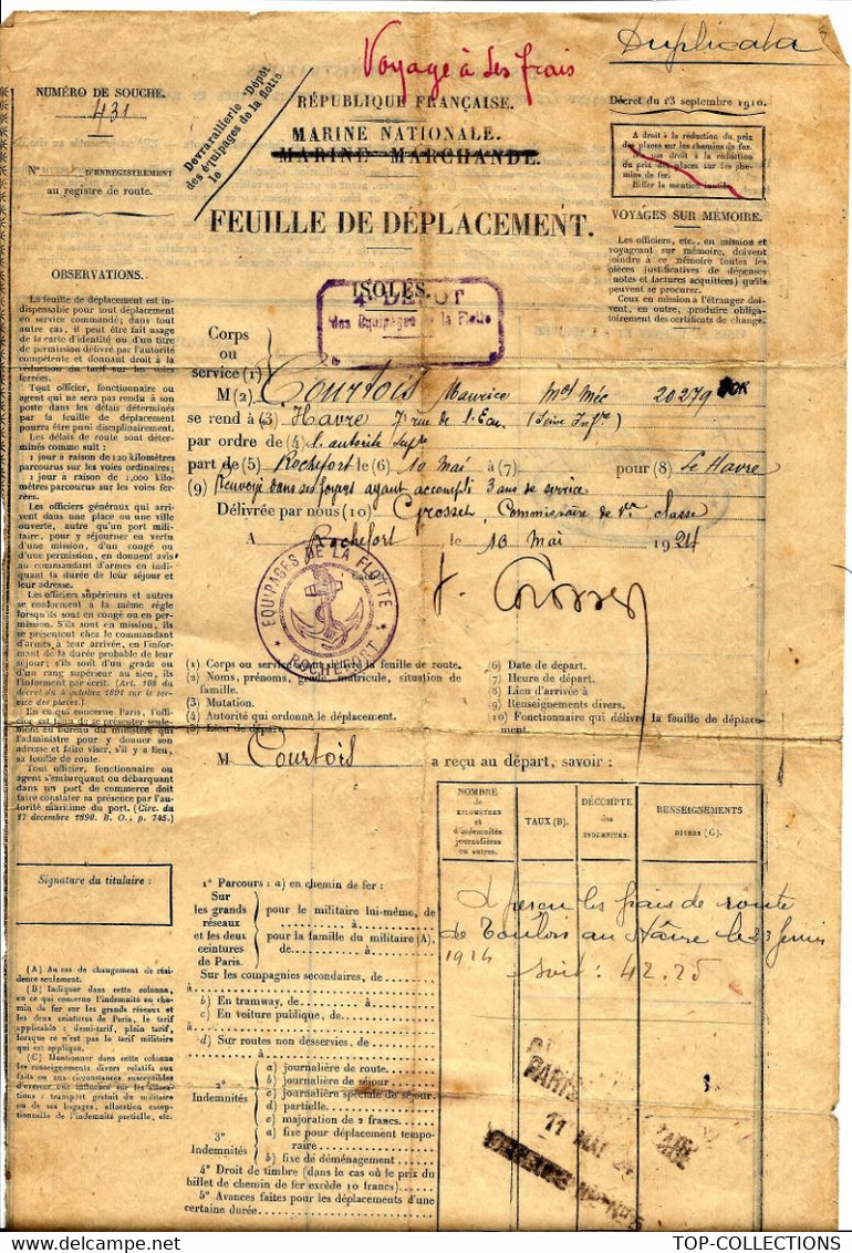 1924 MARINE NATIONALE  FEUILLE DE DEPLACEMENT Equipage De La Flotte Nominatif  Le Havre Rochefort Sign Crosset Commissai - Historical Documents