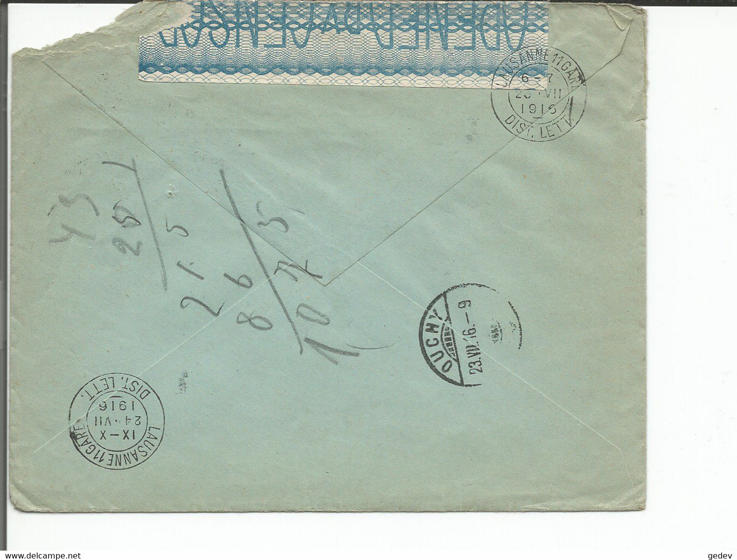 Egypte, Lettre Censure, Alexandria - Lausanne CH (24.7.1916) Format 12.5x15.5 - 1915-1921 British Protectorate