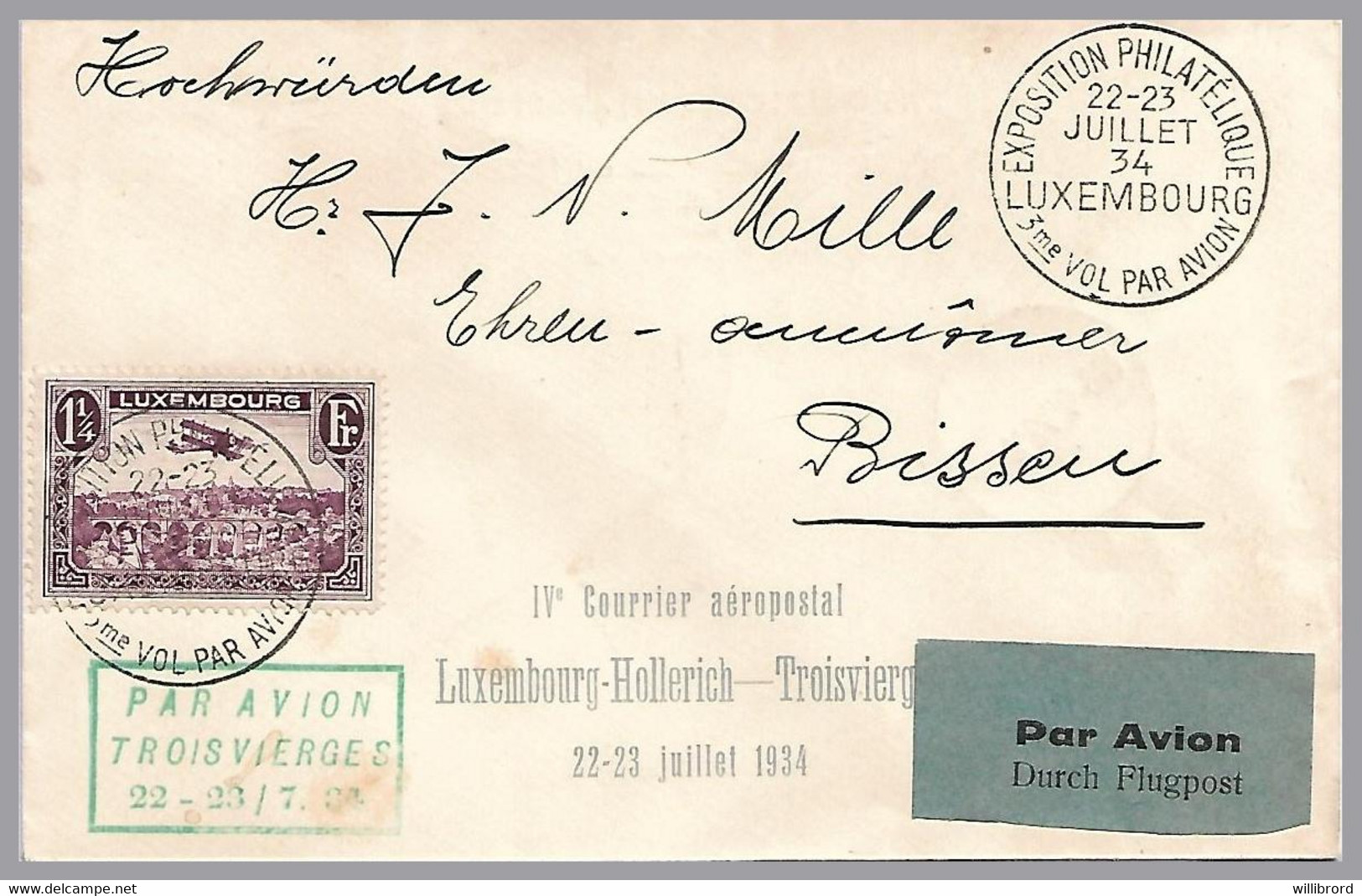 LUXEMBOURG - 1934 FSPL Exposition Flight - Lux-Hollerich To Troisvierges & Bissen (€32.50) - Cartas & Documentos