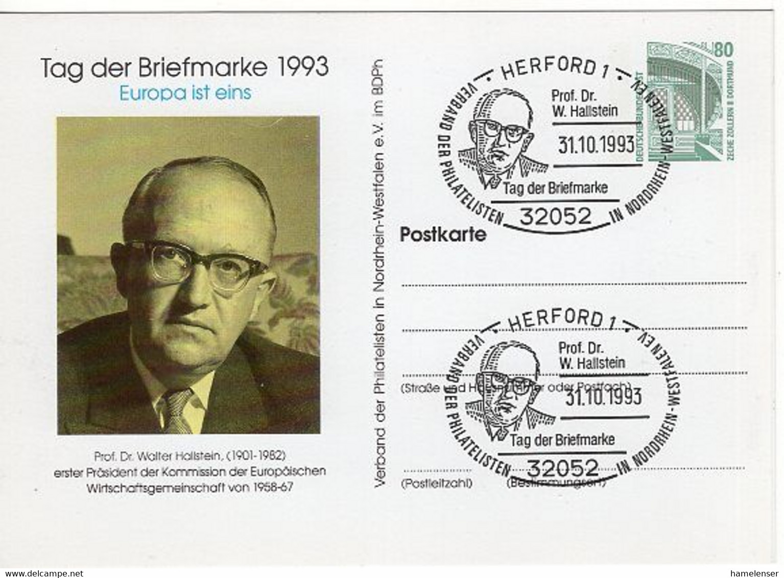 52309 - Bund - 1993 - 80Pfg SWK PrivatGAKte "Prof. Hallstein" M SoStpl HERFORD - PROF HALLSTEIN TAG DER BRIEFMARKE - Europese Instellingen