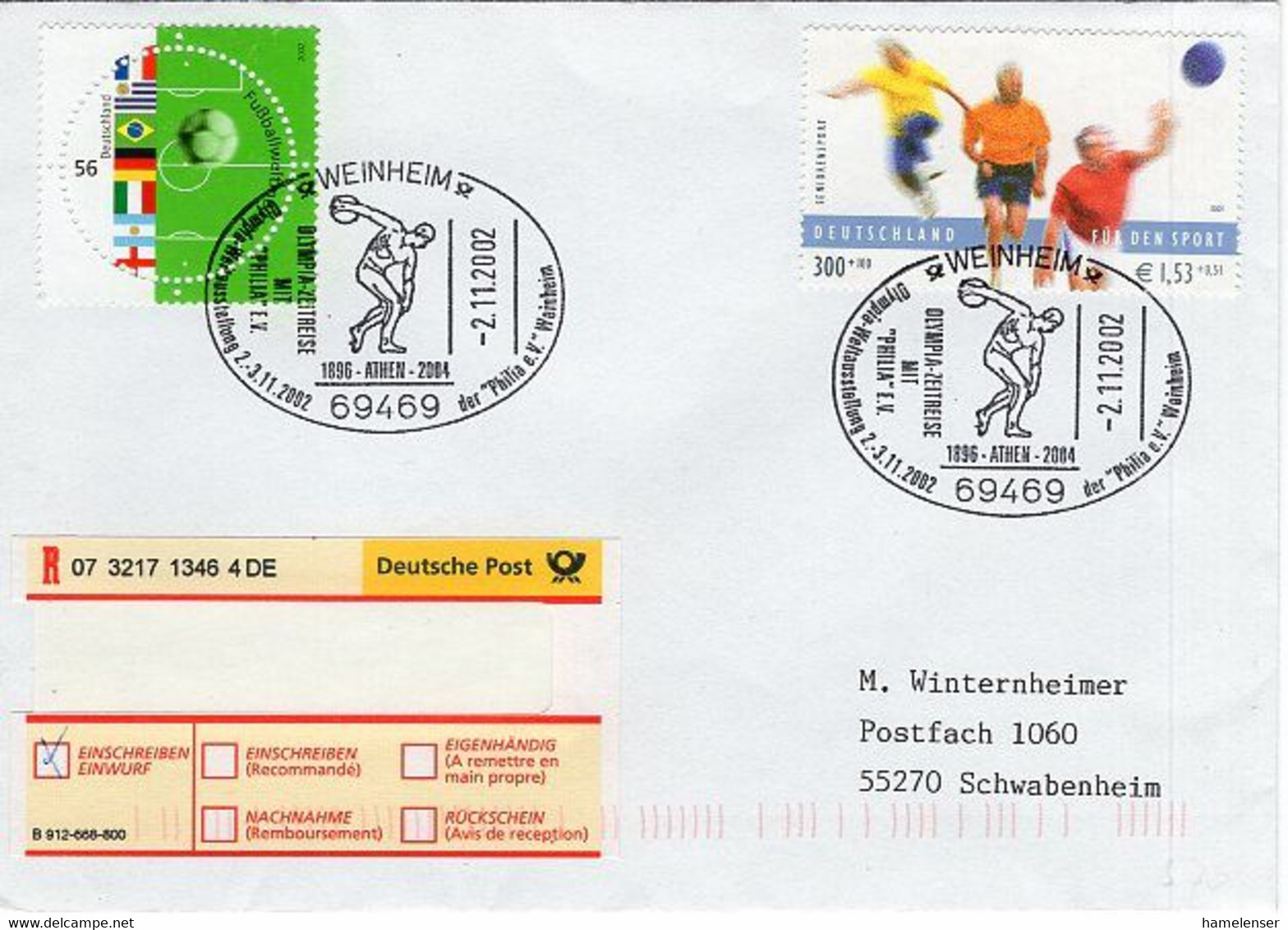 52315 - Bund - 2002 - €1.53/300Pfg Sport '01 MiF A Einwurf-R-Bf " M SoStpl WEINHEIM - OLYMPIA-ZEITREISE ... -> Schwabenh - Other & Unclassified