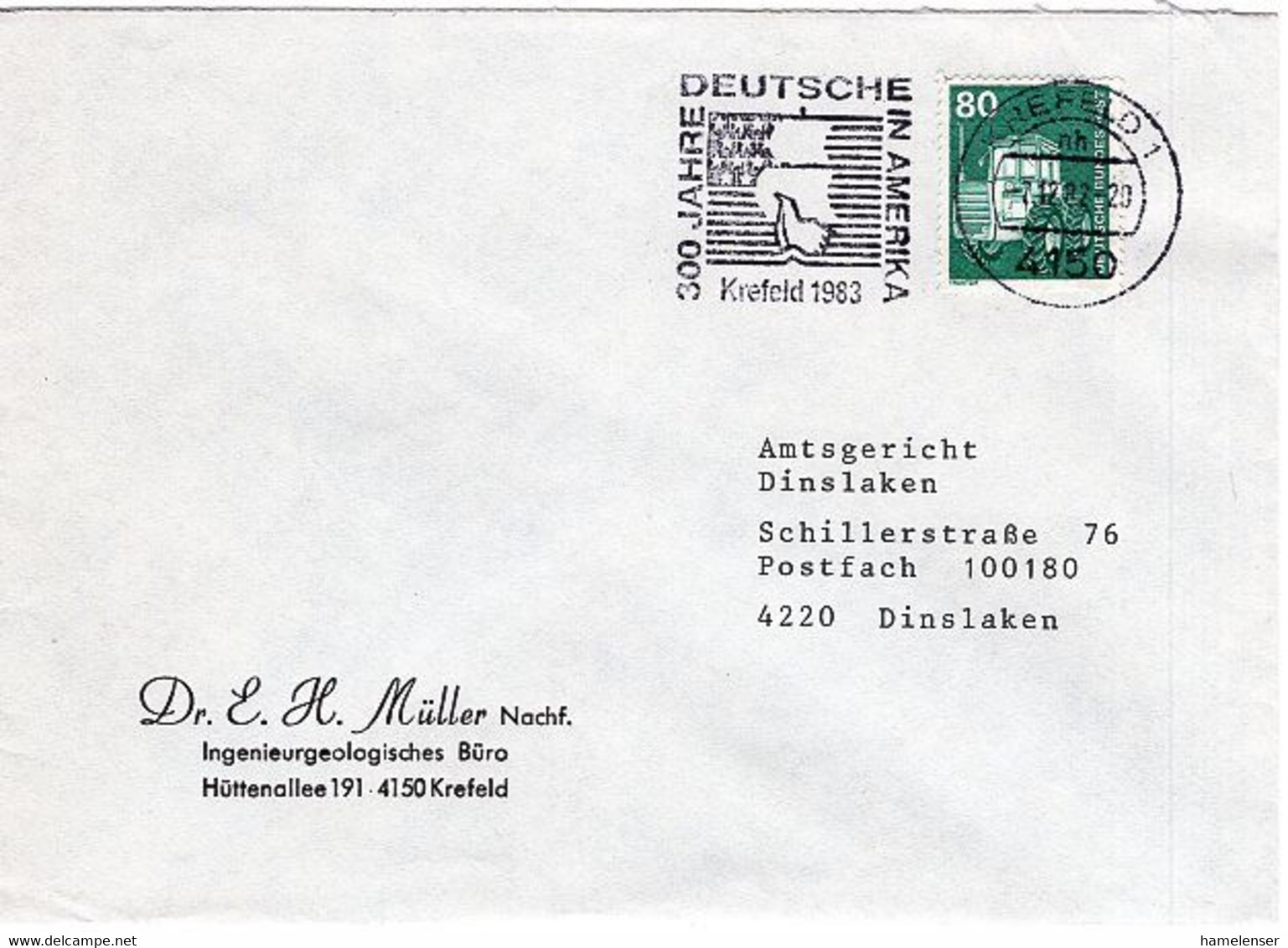 52321 - Bund - 1983 - 80Pfg I&T EF A Bf KREFELD - 300 JAHRE DEUTSCHE IN AMERIKA ... -> Dinslaken - Enveloppes