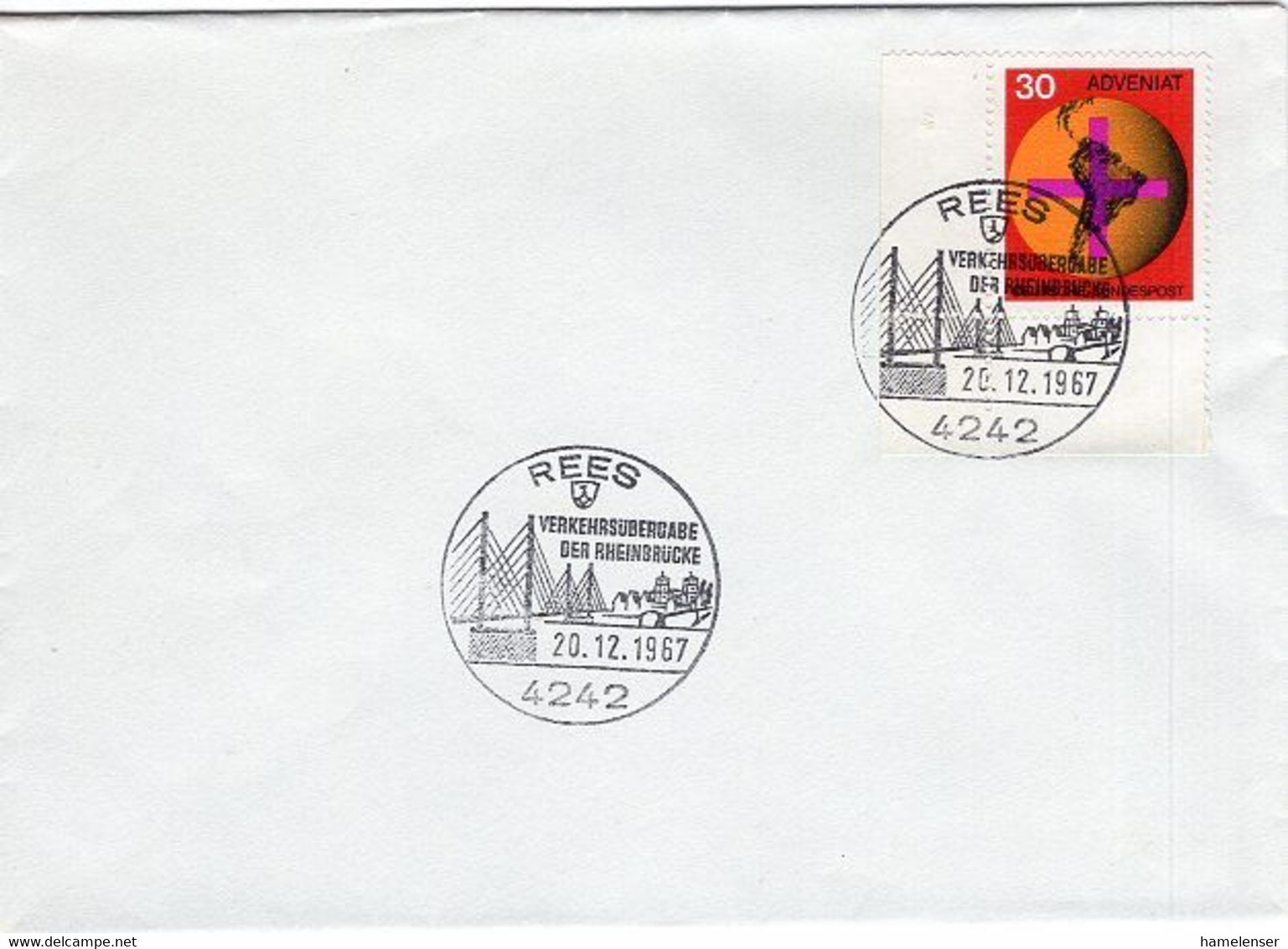 52325 - Bund - 1967 - 30Pfg Adveniat EF A Umschlag M SoStpl REES - VERKEHRSUEBERGABE DER RHEINBRUECKE - Ponti