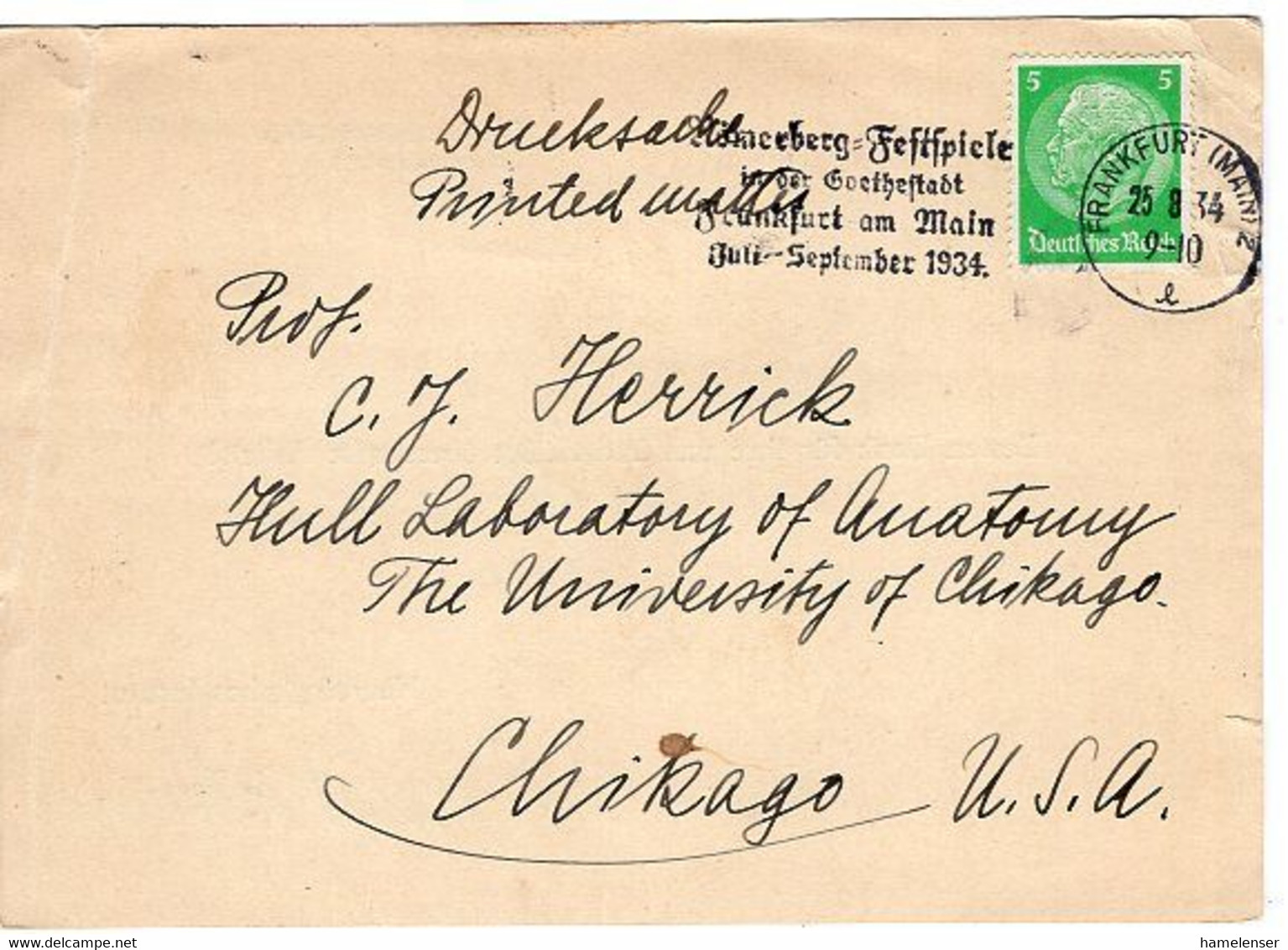 52328 - Deutsches Reich - 1934 - 5Pfg Hindenburg EF A DrucksKte FRANKFURT - ROEMERBERG-FESTSPIELE ... ->  USA - Ecrivains