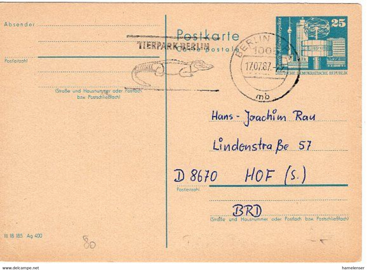 52334 - DDR - 1987 - 25Pfg Gr.Bauten GAKte BERLIN - TIERPARK BERLIN -> Westdeutschland - Sonstige & Ohne Zuordnung