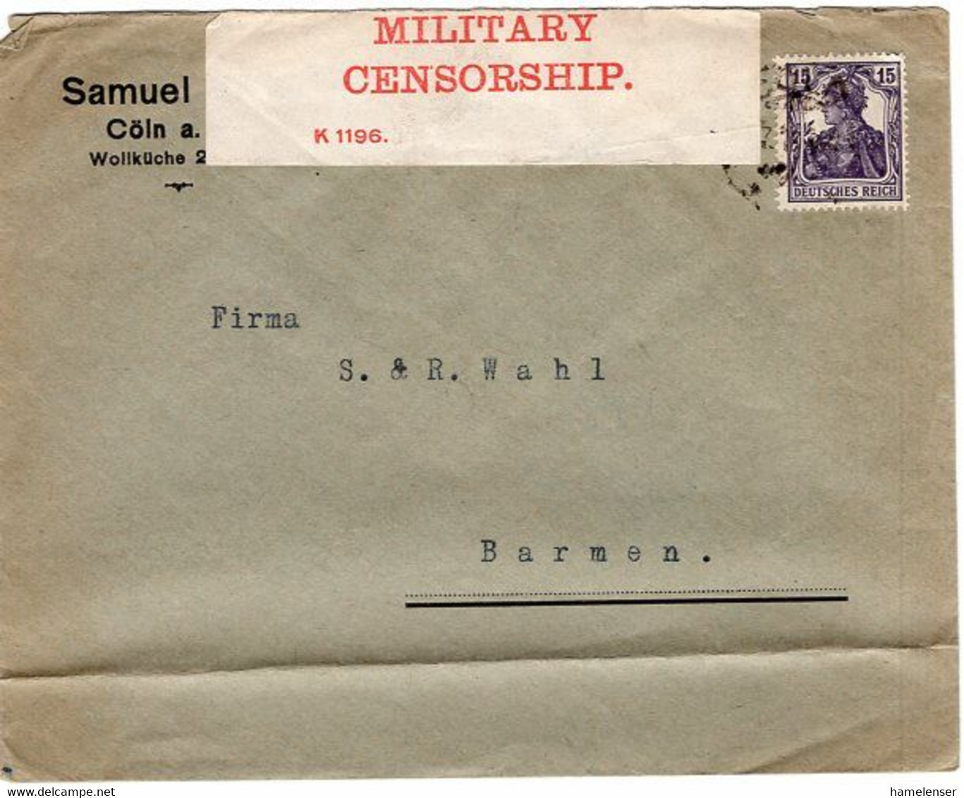 52459 - Deutsches Reich - 1919 - 15Pfg Germania EF A Bf COELN -> Barmen, M. Brit. Zensur "K1196" - Cartas & Documentos