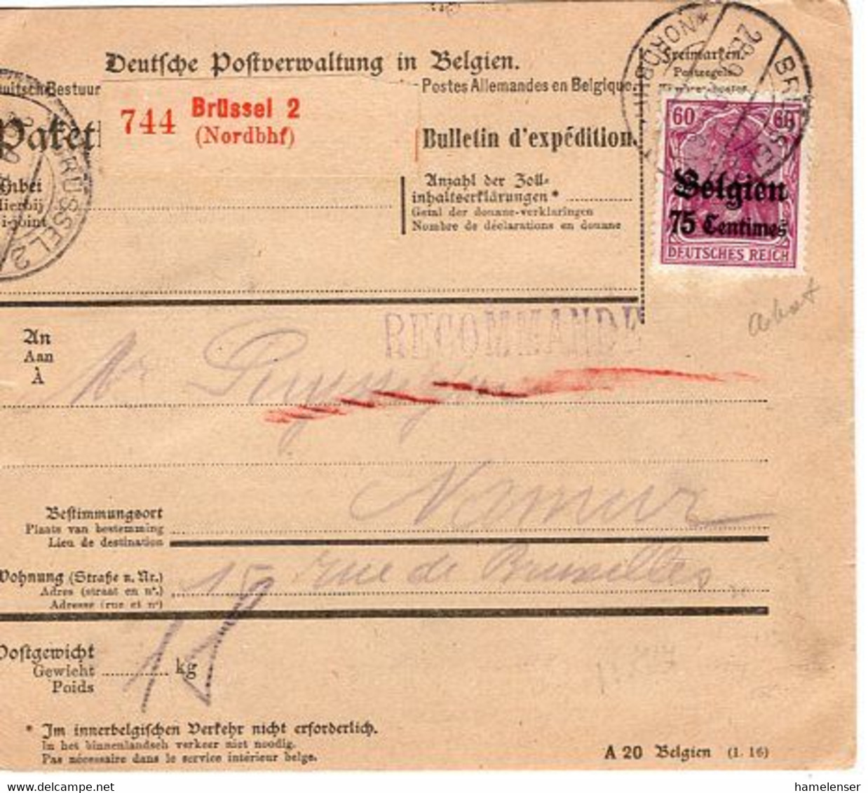 52461 - Deutsches Reich / Besetzung Belgien - 1918 - 75c Germania EF A Paketkte BRUESSEL -> NAMUR - Deutsche Armee