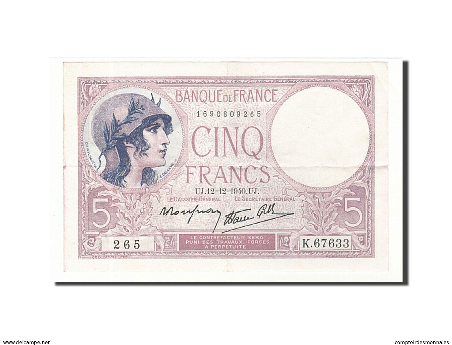 Billet, France, 5 Francs, 1940, 1940-12-12, SUP, Fayette:4.17, KM:83 - 5 F 1917-1940 ''Violet''