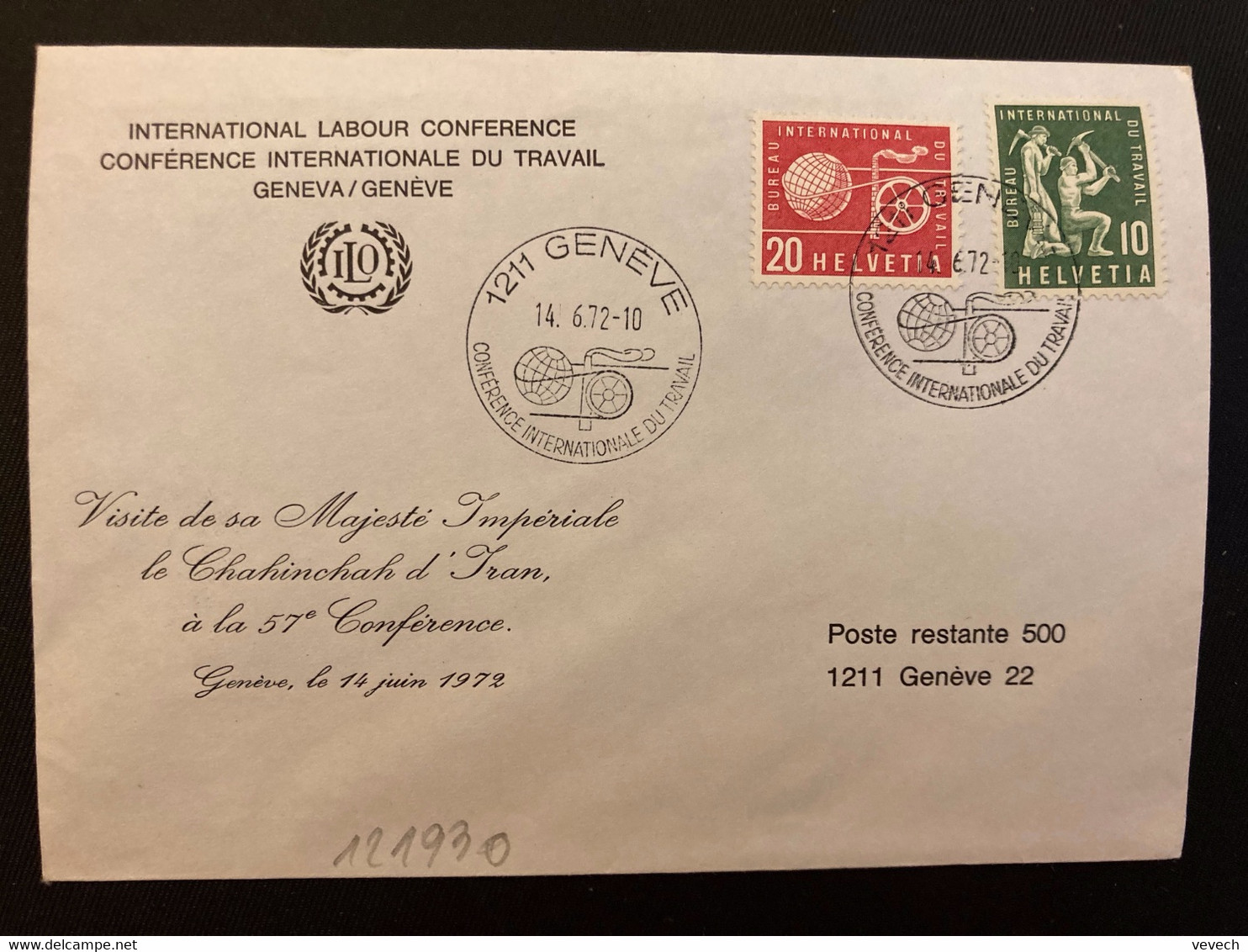 LETTRE SUISSE TP BIT 20 + 10 OBL.14 6 72 GENEVE CONFERENCE INTERNATIONALE DU TRAVAIL + VISITE DU CHAHINSHAH D'IRAN - ILO