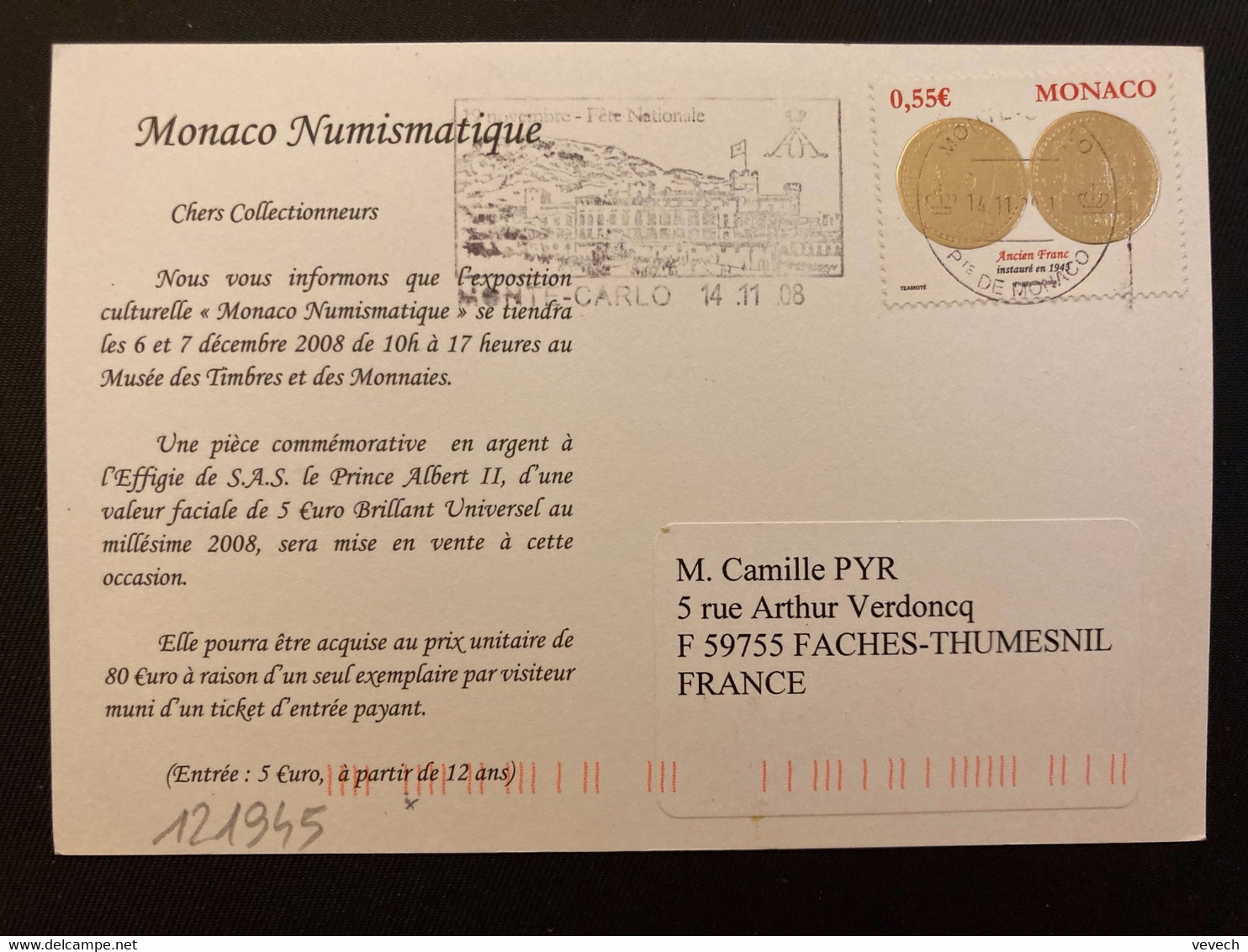 CP TP ANCIEN FRANC 0,55E OBL.MEC.14-11 08 MONTE-CARLO - Lettres & Documents