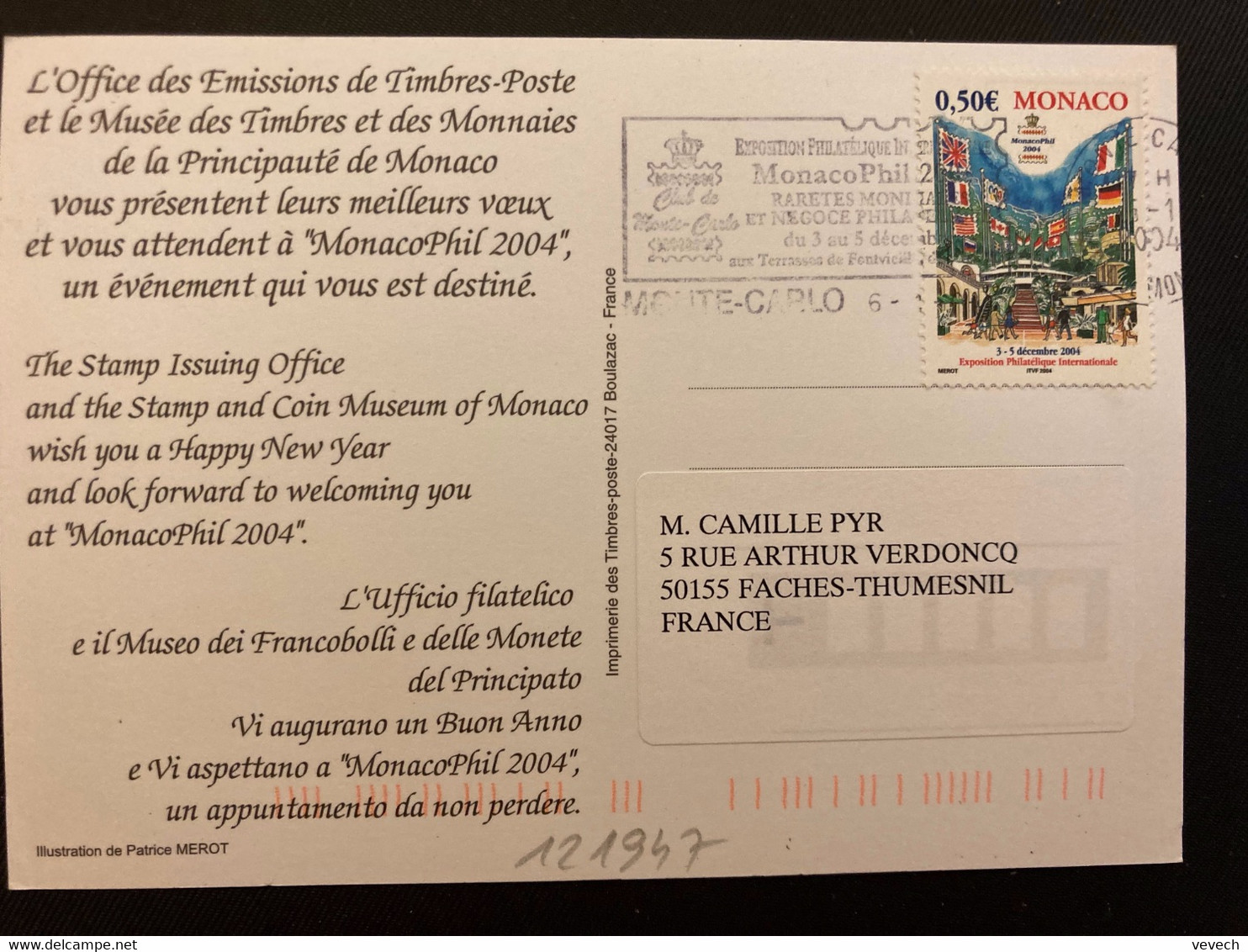 CP TP MONACOPHIL 2004 0,50E OBL.MEC.6-1 04 MONTE-CARLO - Storia Postale