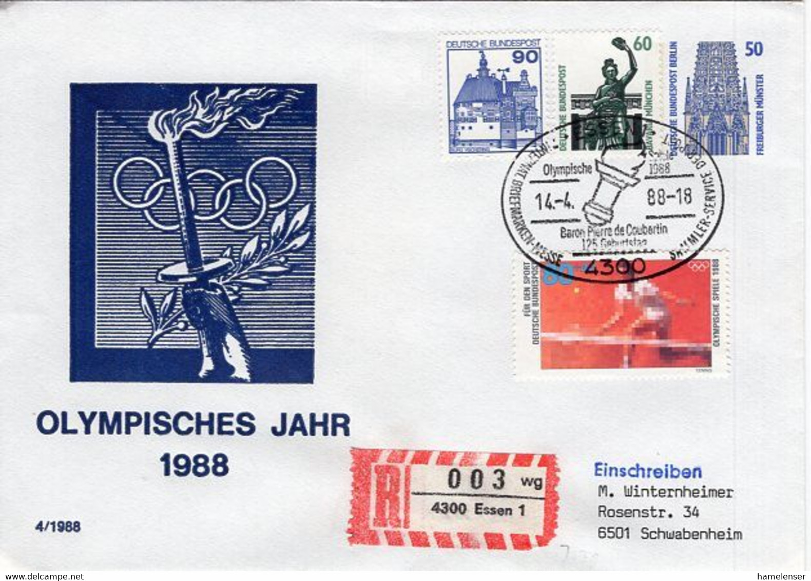 52464 - Bund - 1988 - 50Pfg SWK PrivatGAUmschl "Olympisches Jahr 1988" Als R-Bf M SoStpl ESSEN - OLYMPISCHES JAHR 1988 - Other & Unclassified