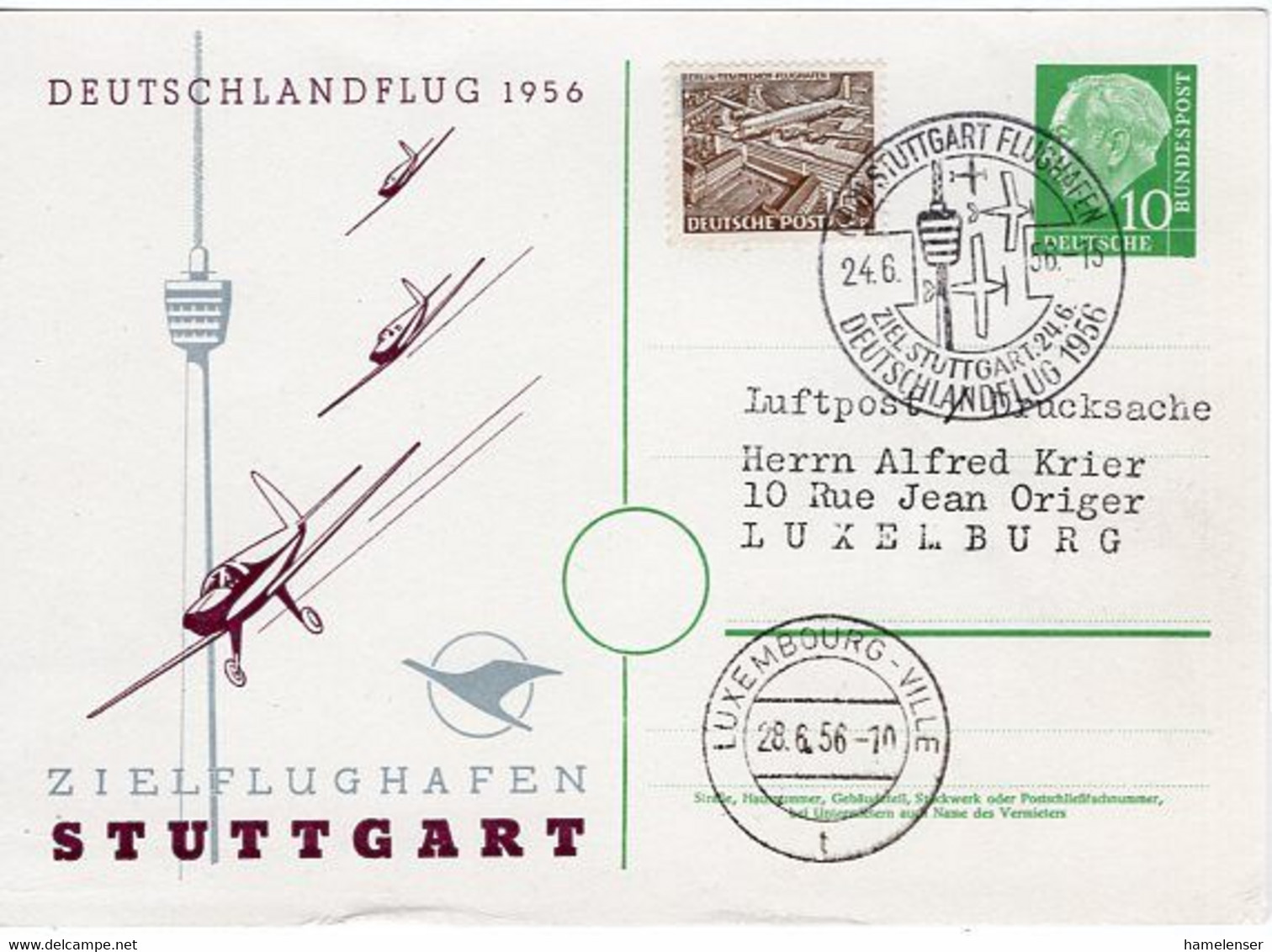 52477 - Bund - 1956 - 10Pfg Heuss I PrivatGAKte "Deutschlandflug 1956" STUTTGART-FLUGHAFEN - DEUTSCHLANDFLUG -> LUXEMBG. - Sonstige (Luft)