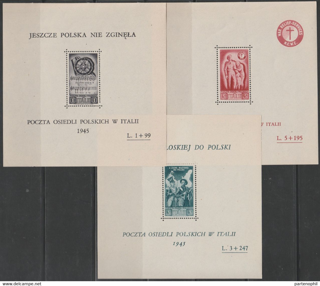 258 - Corpo Polacco  1946 - Soccorso Di Guerra 3 Foglietti N. 2/4. Cat. € 600,00. MNH - 1946-47 Corpo Polacco Periode