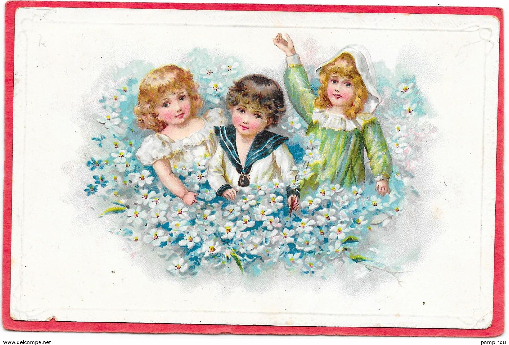 Gaufrée, Relief - Trois Enfants Dans Fleurs De Myosotis - Altri & Non Classificati