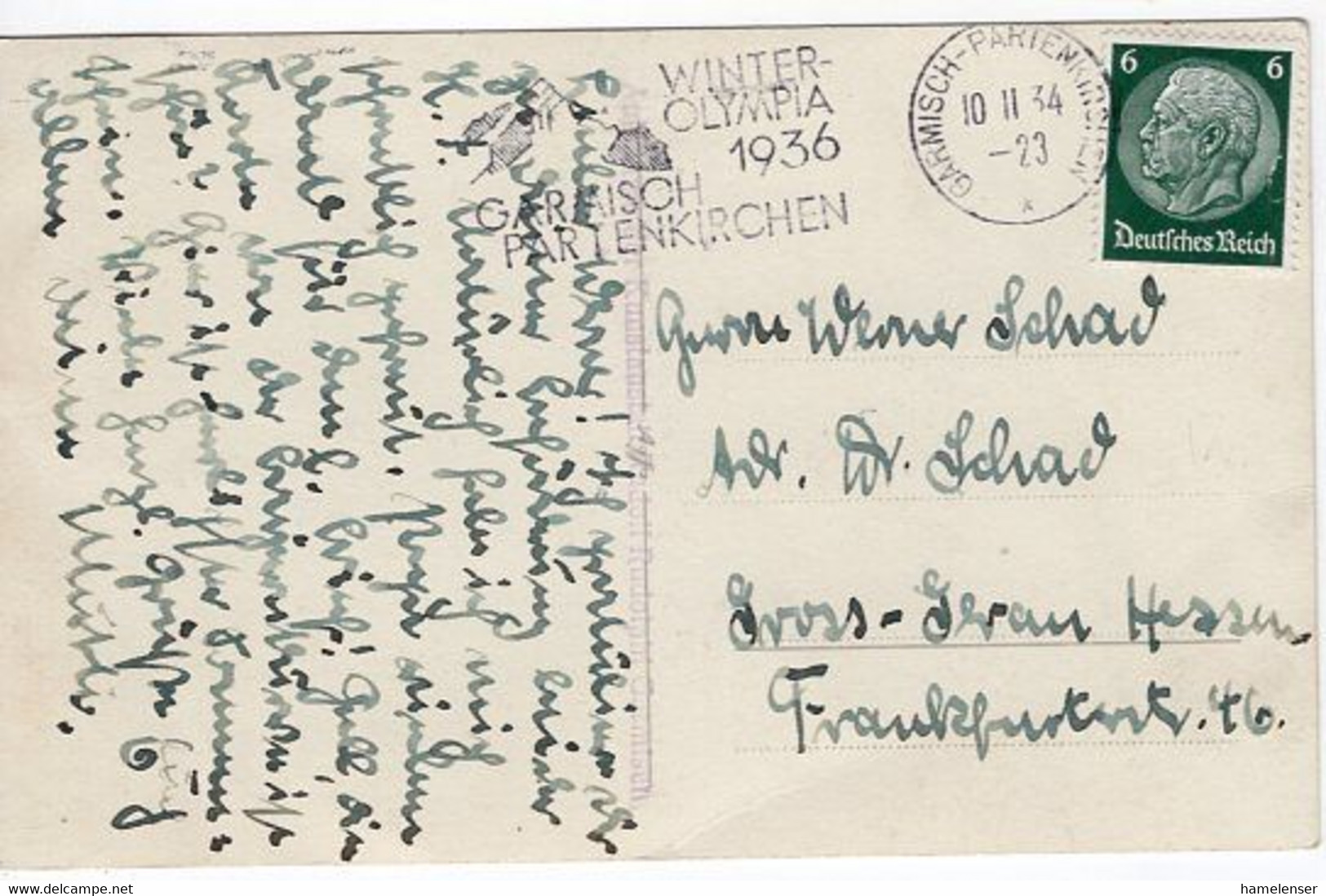 52568 - Deutsches Reich - 1934 - 6Pfg Hindenburg EF A AnsKte GARMISCH-PARTENKIRCHEN - WINTER-OLYMPIA 1936 ... -> Hessen - Invierno 1936: Garmisch-Partenkirchen