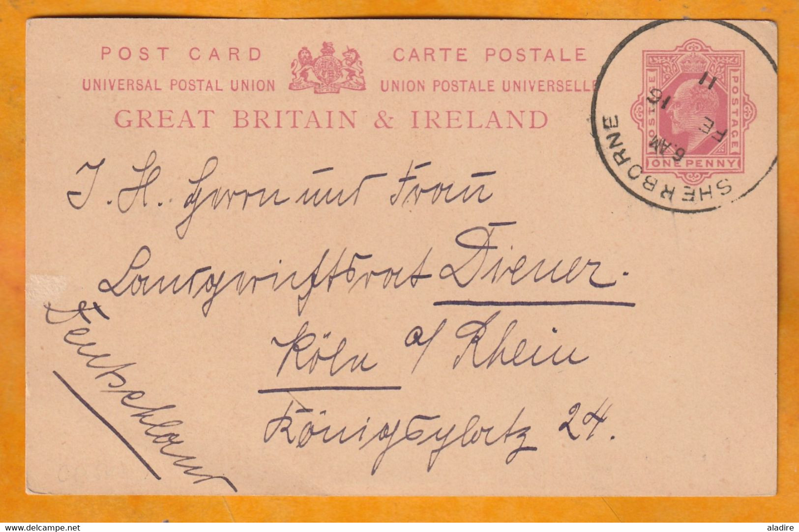 1911 - KEVII - One Penny Stationery PC From SHERBORNE, Dorset, England To KOLN, Cologne, Deutschland, Allemagne - Brieven En Documenten