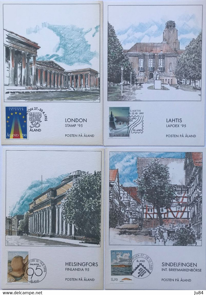 Finlande - Aland - 5 FDC - Carte Maximum - Helsingfors - London - Sindelfingen - Lathis - Singapore - 1995 - Maximum Cards & Covers
