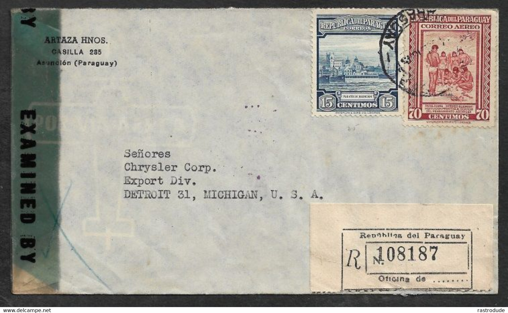 1945 PARAGUAY - REGISTERED LETTER WITH U.S CENSOR TO DETROIT, UNITED STATES - Paraguay