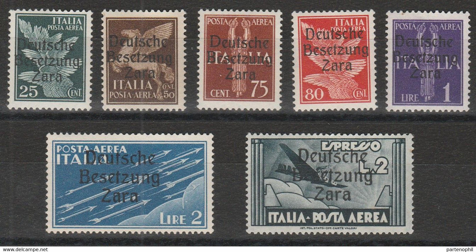 312 Zara  1943 - Francobolli Di Posta Aerea D’Italia Soprastampati N. 1/6,9. Cat. € 875,00. MH - Occup. Tedesca: Zara