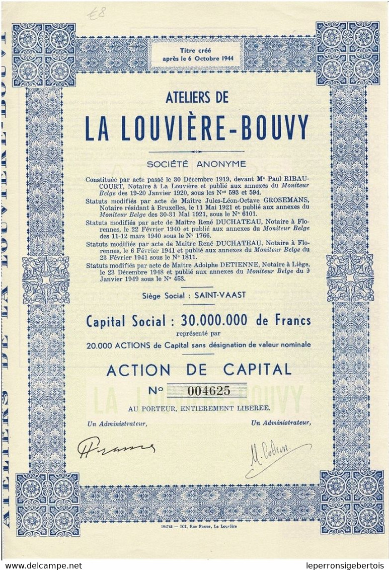 -  Titre De 1949 -  Ateliers De La Louvière - Bouvy - - Industrie