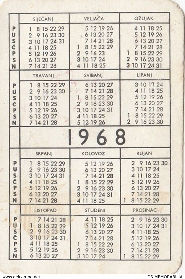 1968 Pocket Calendar Yugoslav Railways , Train Restaurant - Petit Format : 1961-70