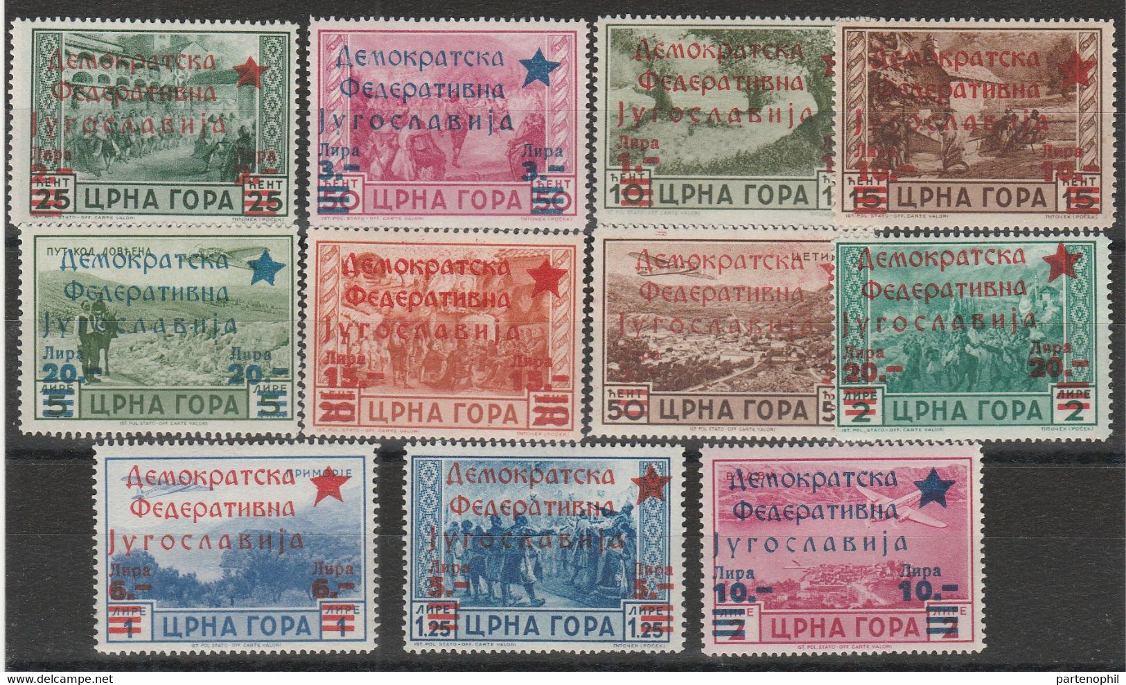 327 Montenegro (Amministrazione Jugoslava)  1945 - Soprastampati In Rosso 11 Valori. MNH - Montenegro