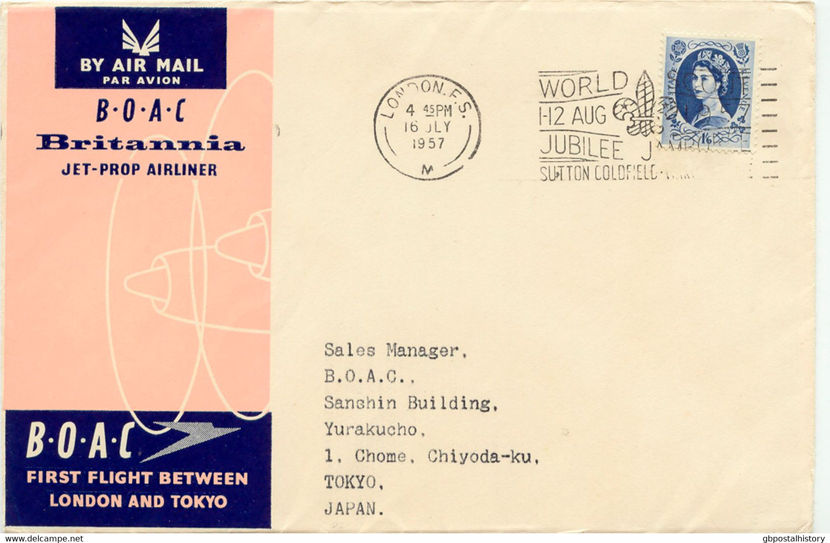 GB 1957 B.O.A.C. Britannia Jet-Prop Airliner, Superb Maiden Flight "LONDON - TOKYO" (Japan), Slogan Postmark "WORLD - Covers & Documents