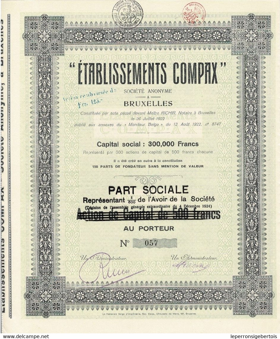 -  Titre De 1922 -  Etablissements Compax - Rare - Industrie