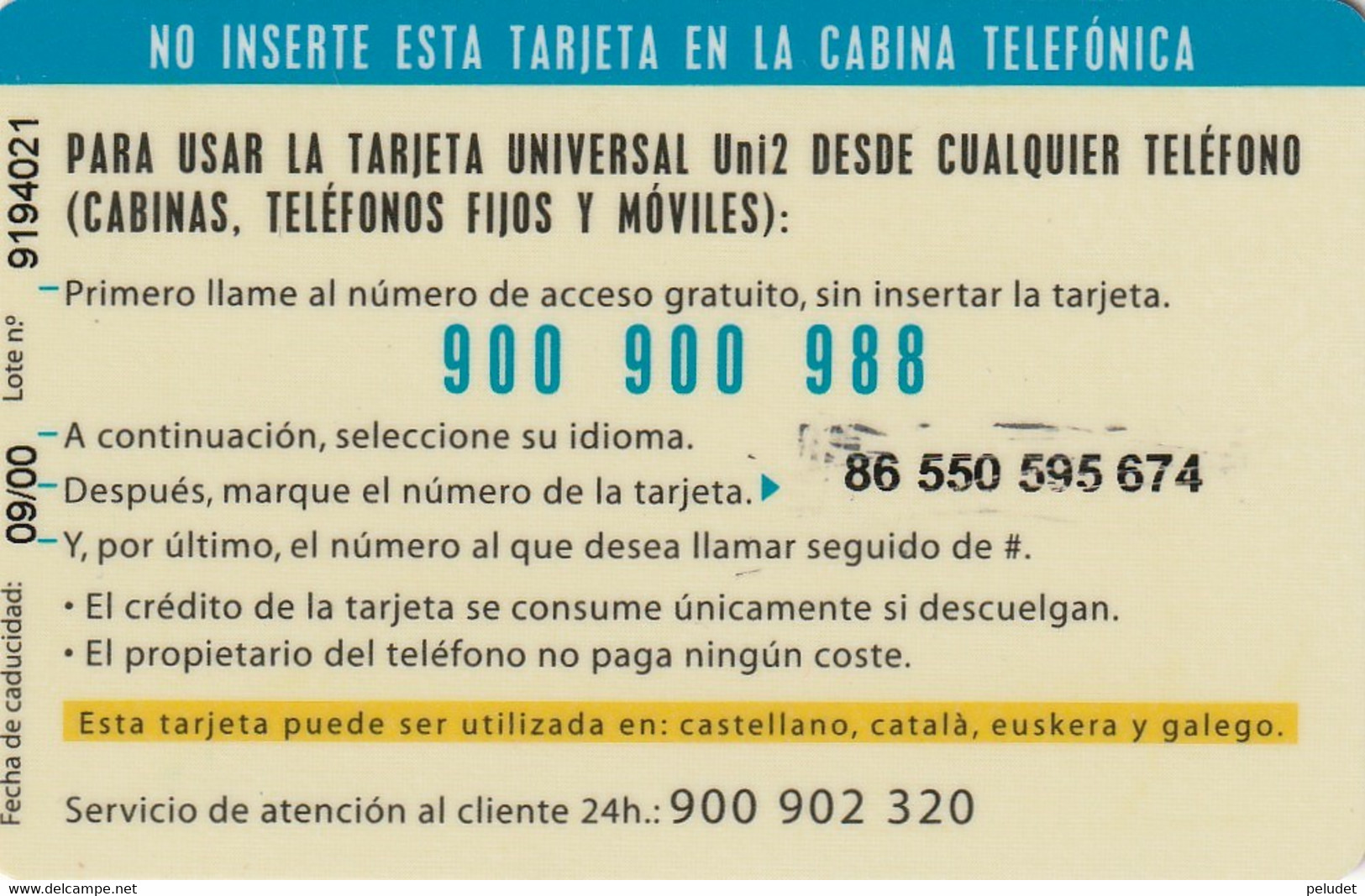 Spain, Espagne, Uni2 Tarjeta Universal 1000 Ptas. - Andere & Zonder Classificatie