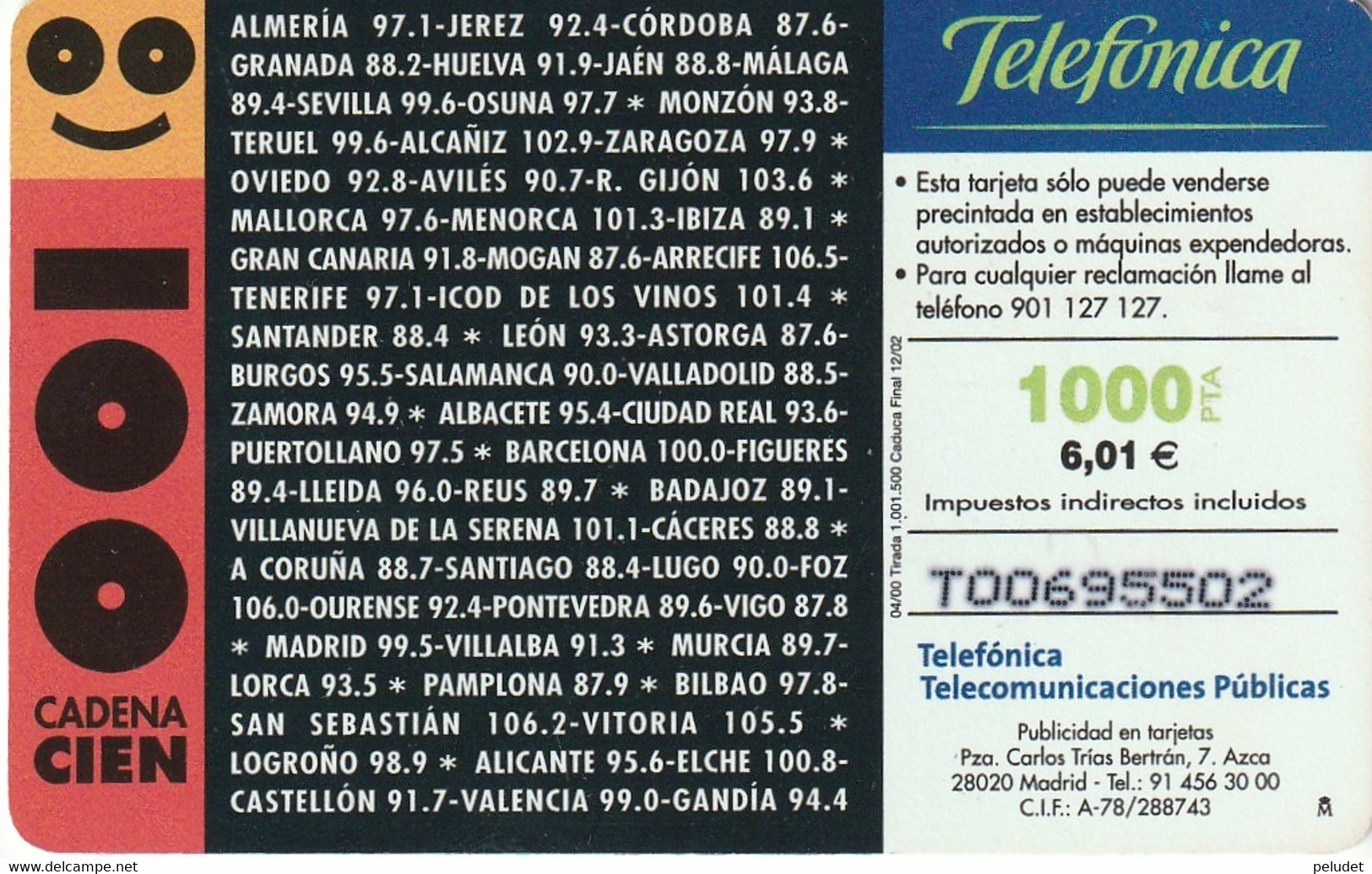 Spain, Espagne, Telefonica Cadena 100 1000 6.01 - Autres & Non Classés