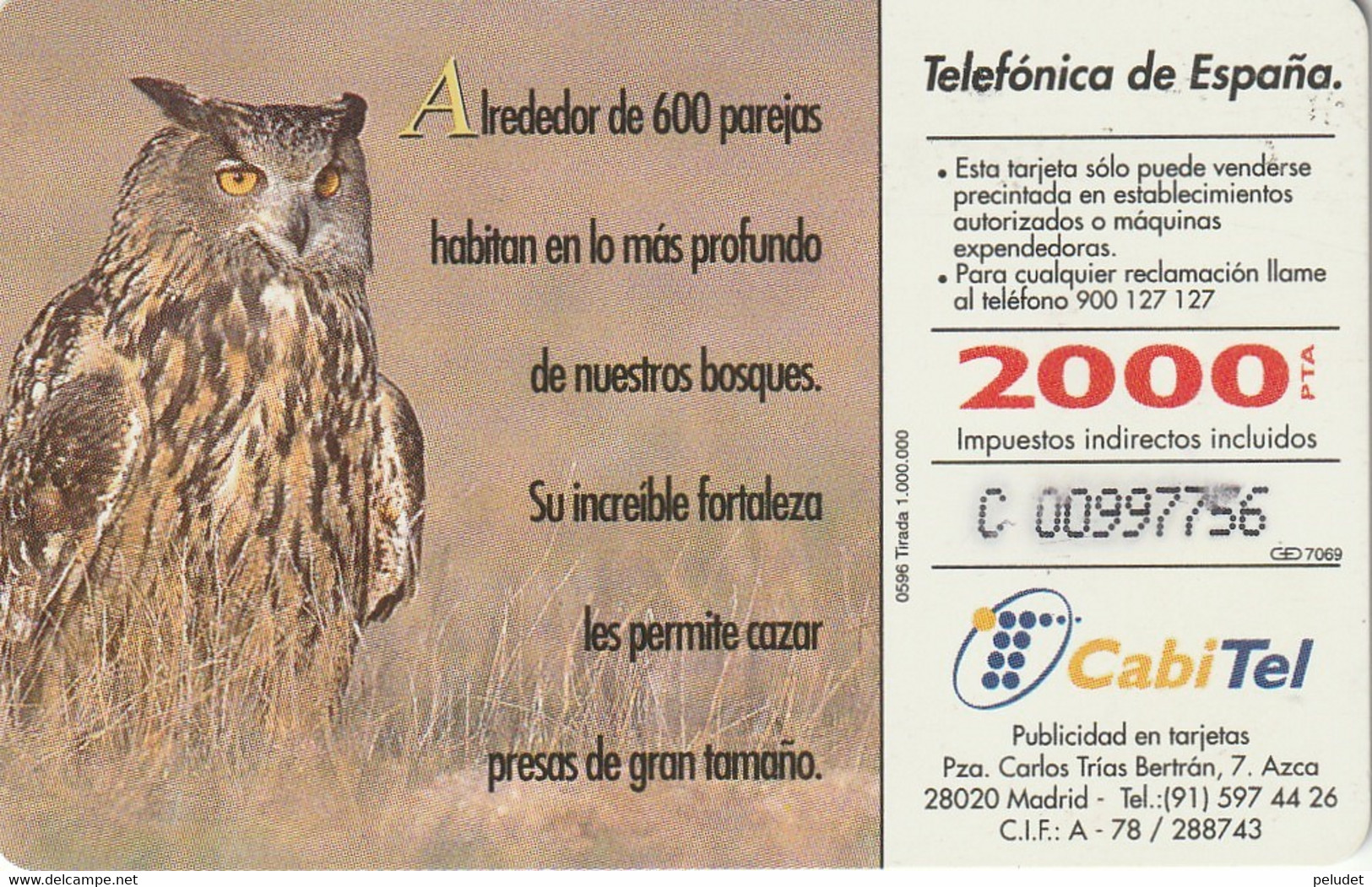 Spain, Espagne, Telefonica Fauna Iberica 2000 + 100 Buho Real - Autres & Non Classés