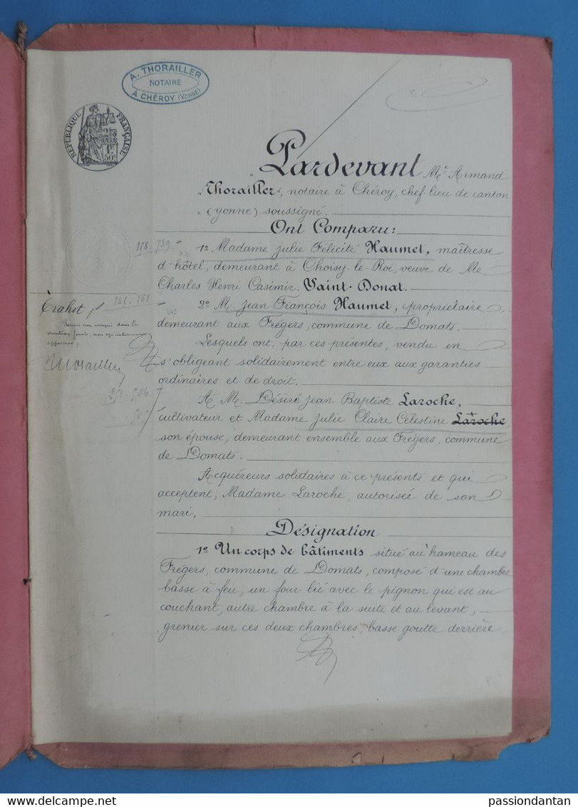 Manuscrit Daté De 1892 - Yonne - Domats - Vente D'un Corps De Bâtiments Au Hameau Des Fregers - Manuscripts