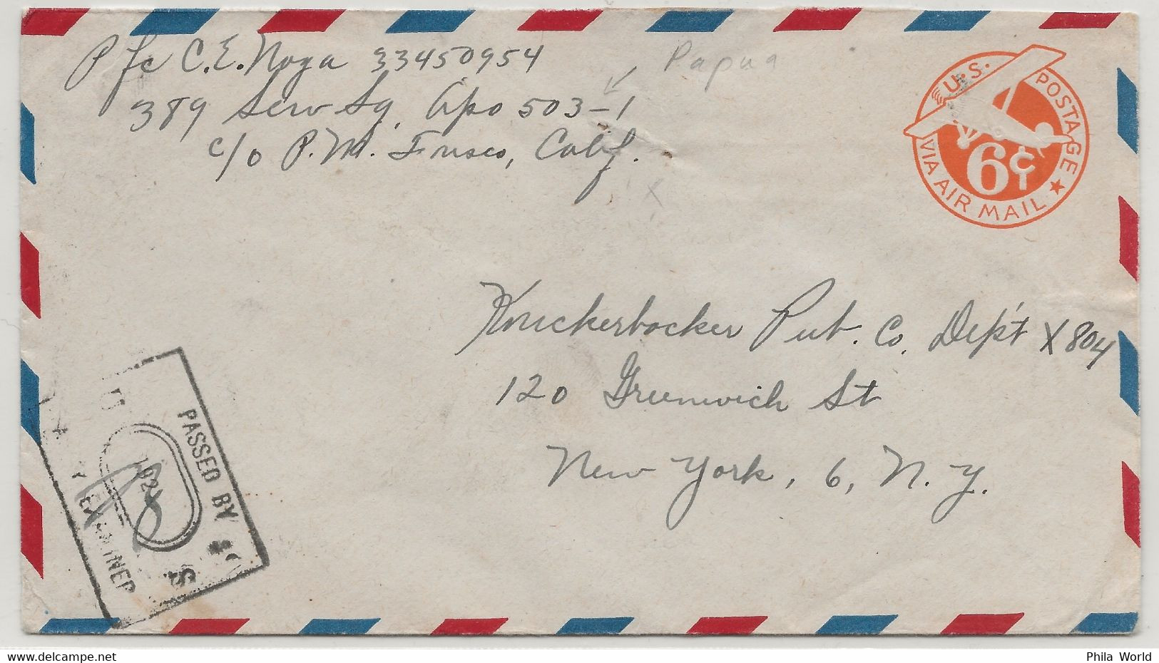 WW2 - 1944 APO 503 PAPUA NEW GUINEA Entier Postal US Postage Via Air Mail 6c To US New-York Censor Passed By Examiner - Aerei