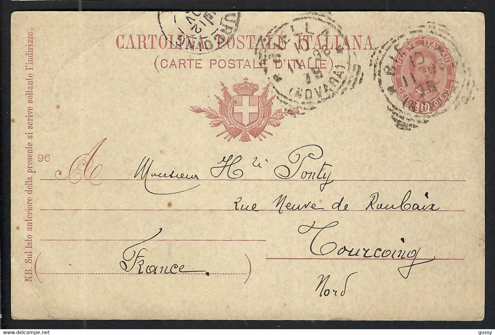 ITALIE 1878:  CP Ill. Entier De 10c De Biella Pour Tourcoing (Nord, France) - Postwaardestukken