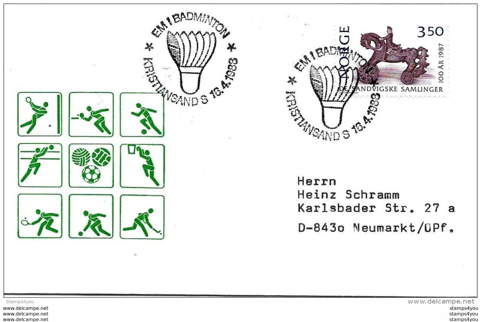 48 - 46 - Enveloppe De Norvège Avec Oblit Spéciale EMI Badminton 1988 - Badminton