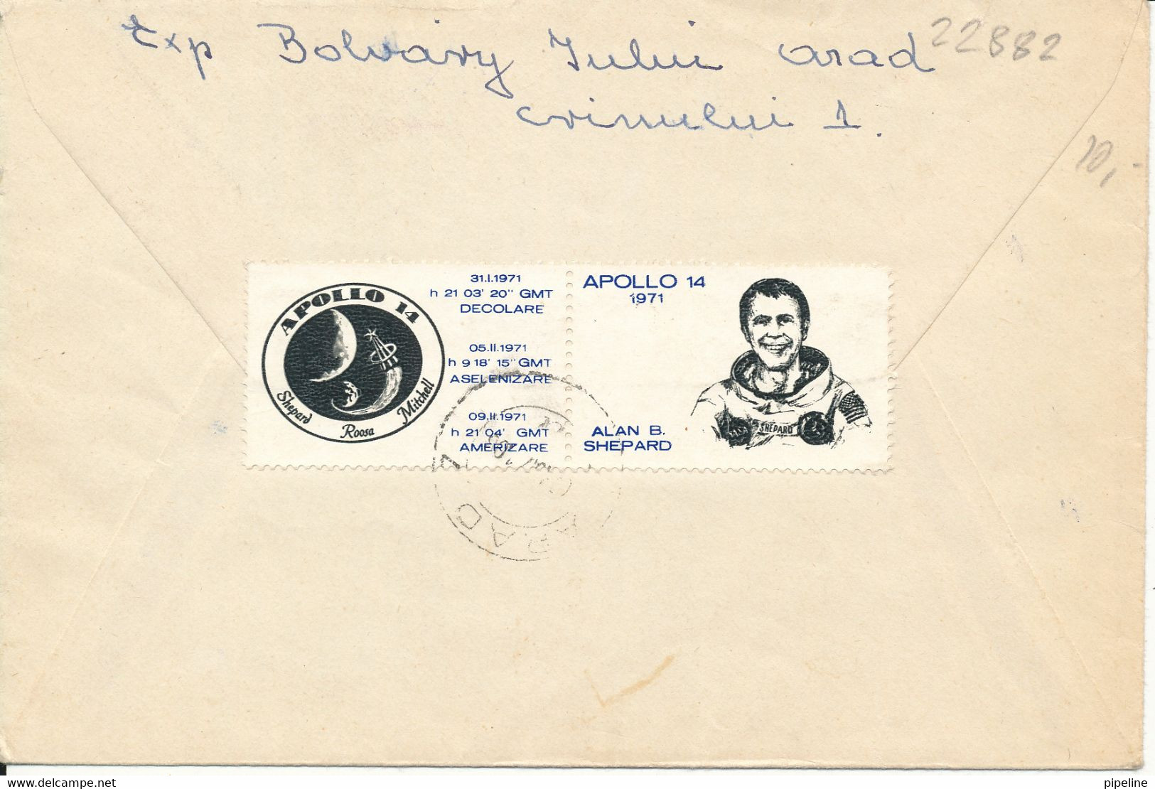 Romania Registered Cover Sent To Hungary Arad 7-10-1971 Topic Stamps Space Apollo 14 See Backside Of The Cover - Brieven En Documenten