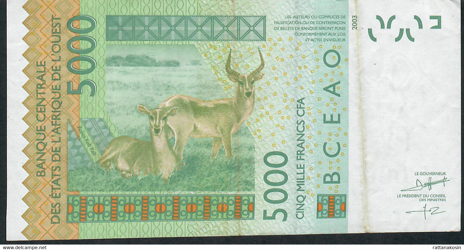 W.A.S. SENEGAL P717Ki 5000 FRANCS (20)10  Signature 36 VF FEW VERTICAL FOLDS NO P.h. - West African States