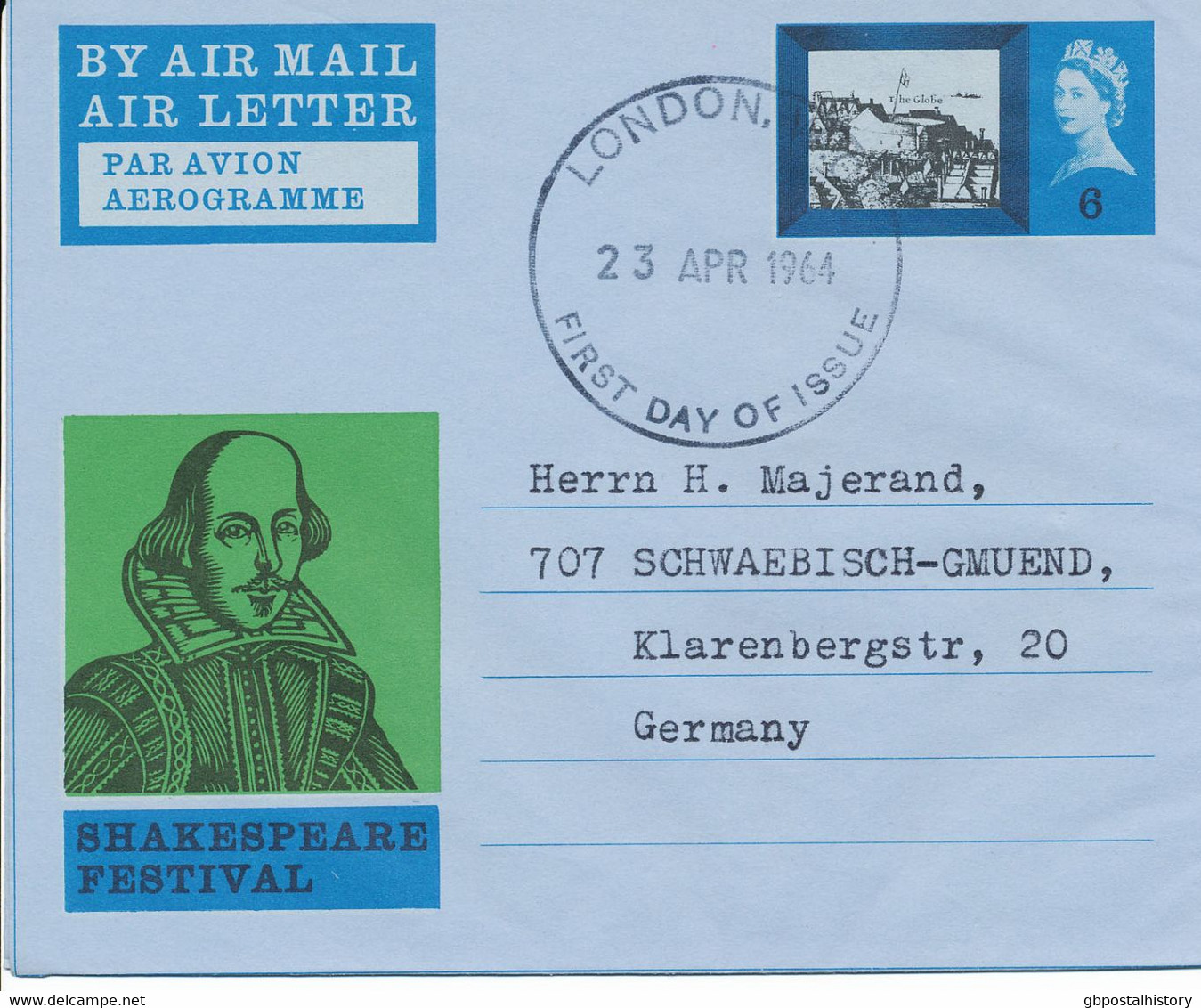 GB April 23, 1964, Shakespeare Festival Airmail Folded Letter 6d On Carmine And On Green Ground, Both As Superb FDC - Briefe U. Dokumente