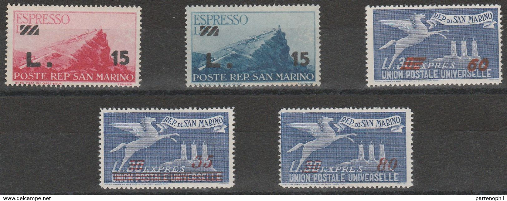 492 San Marino - Espressi  1947-8 Soprastampati N. 16/20. Cat. € 140,00. SPL MNH - Exprespost