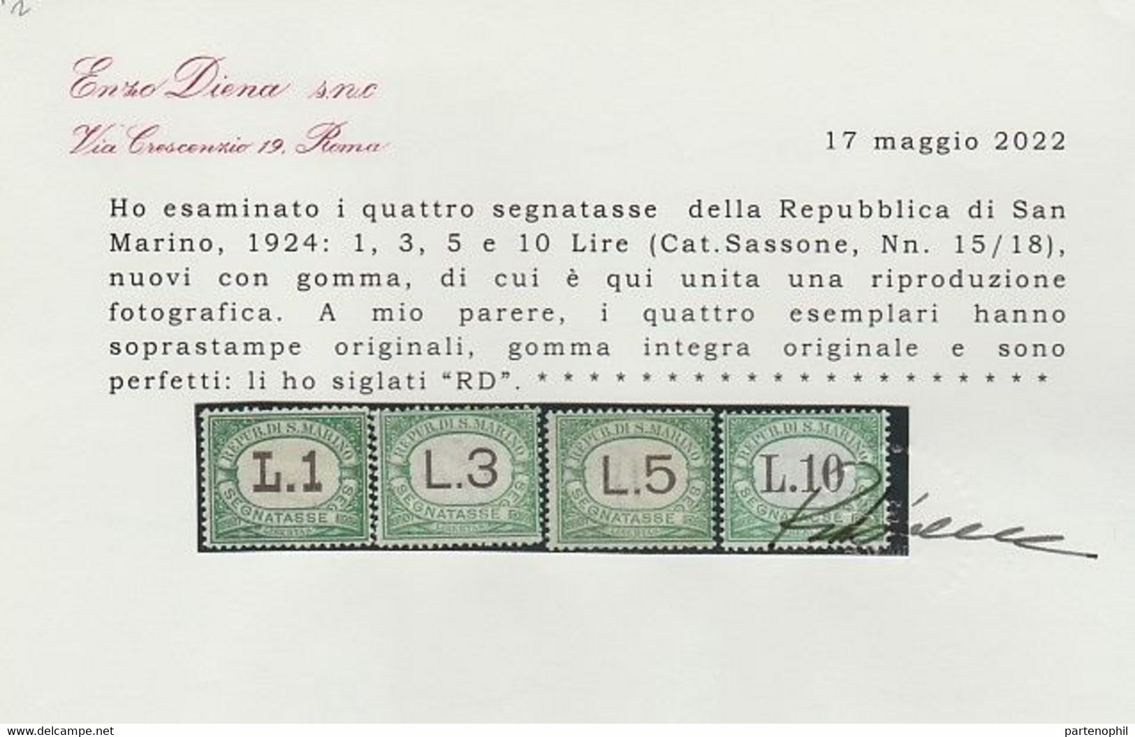 498 San Marino - Segnatasse  1924 - Colori Dei Riquadri Cambiati N. 10/18. Cert. R. Diena. Cat. € 2250,00MNH - Timbres-taxe