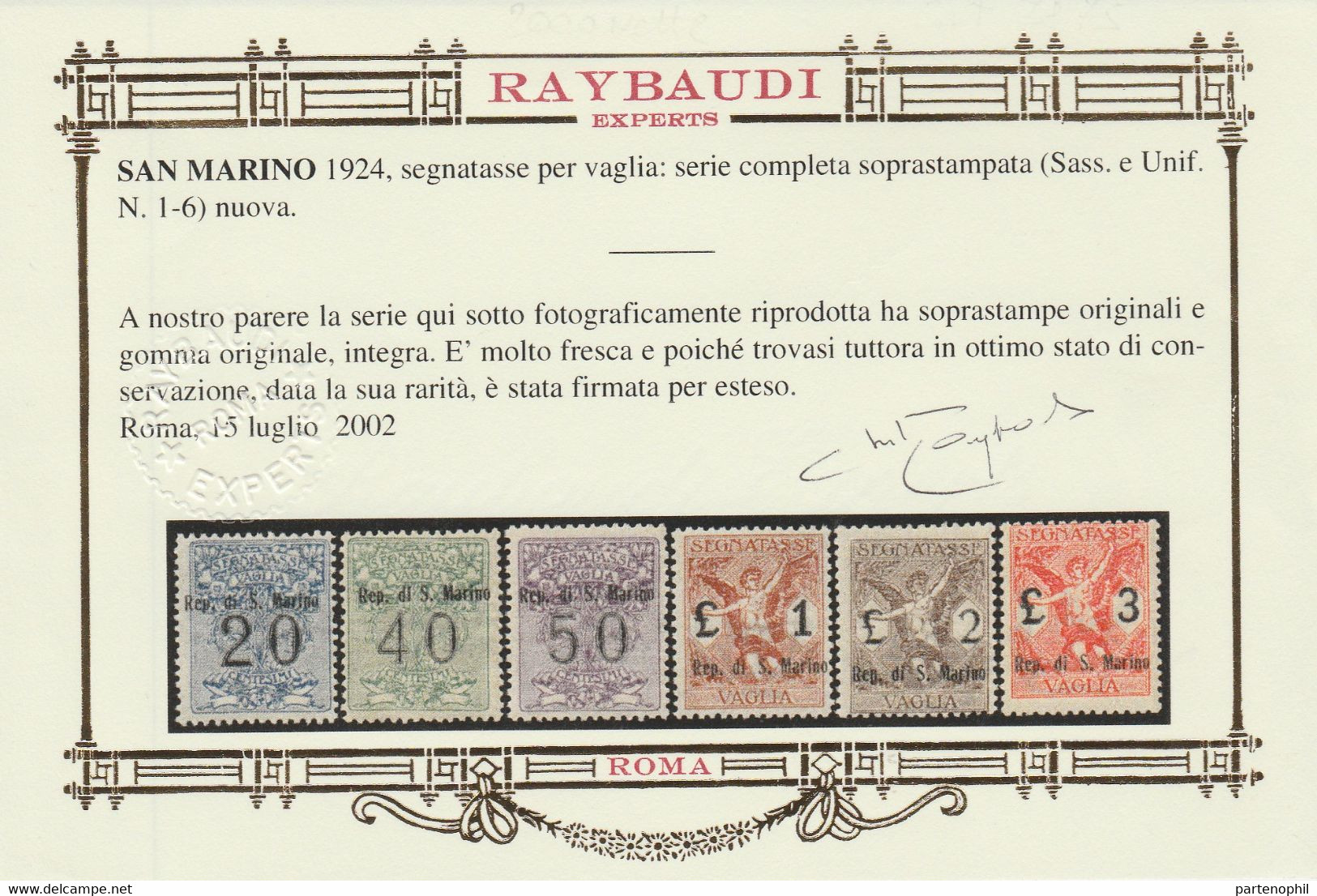 504 San Marino - Segnatasse Per Vaglia  1924 - Francobolli D’Italia Soprastampati Rep. Di S. Marino N. 1/6. Cert. RayMNH - Timbres-taxe