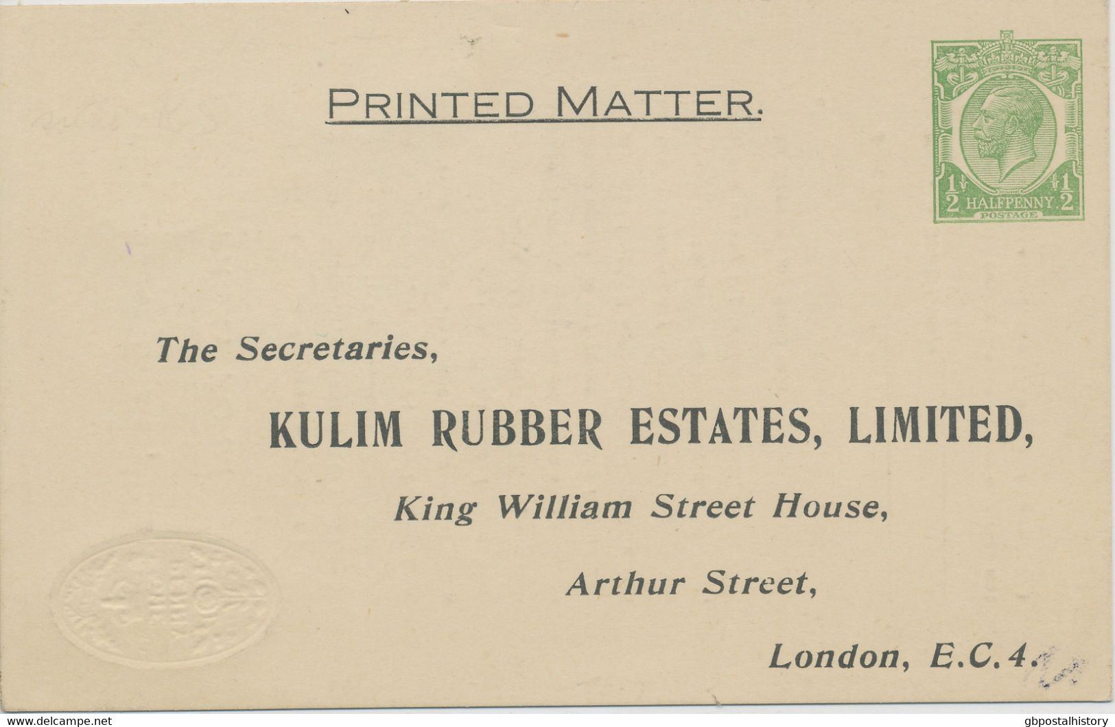 GB 1933, Superb Unused Stamped To Order Postal Stationery Postcard King George V 1/2d Green Of The "Kulim Rubber Estates - Nuovi