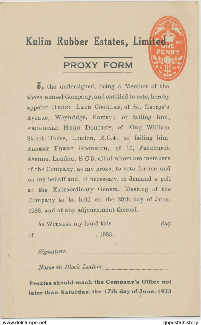 GB 1933, Superb Unused Stamped To Order Postal Stationery Postcard King George V 1/2d Green Of The "Kulim Rubber Estates - Unused Stamps