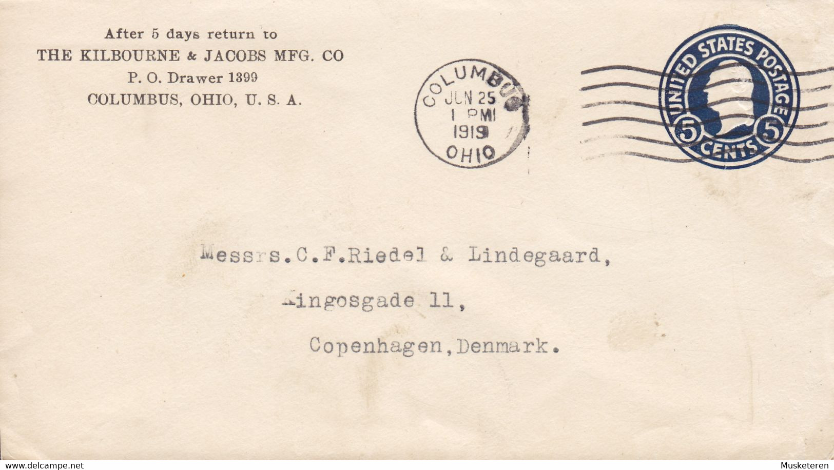 United States Postal Stationery Ganzsache PRIVATE Print THE KILBOURNE & JACOBS Mfg. Co, COLUMBUS Ohio 1915 Denmark - 1901-20