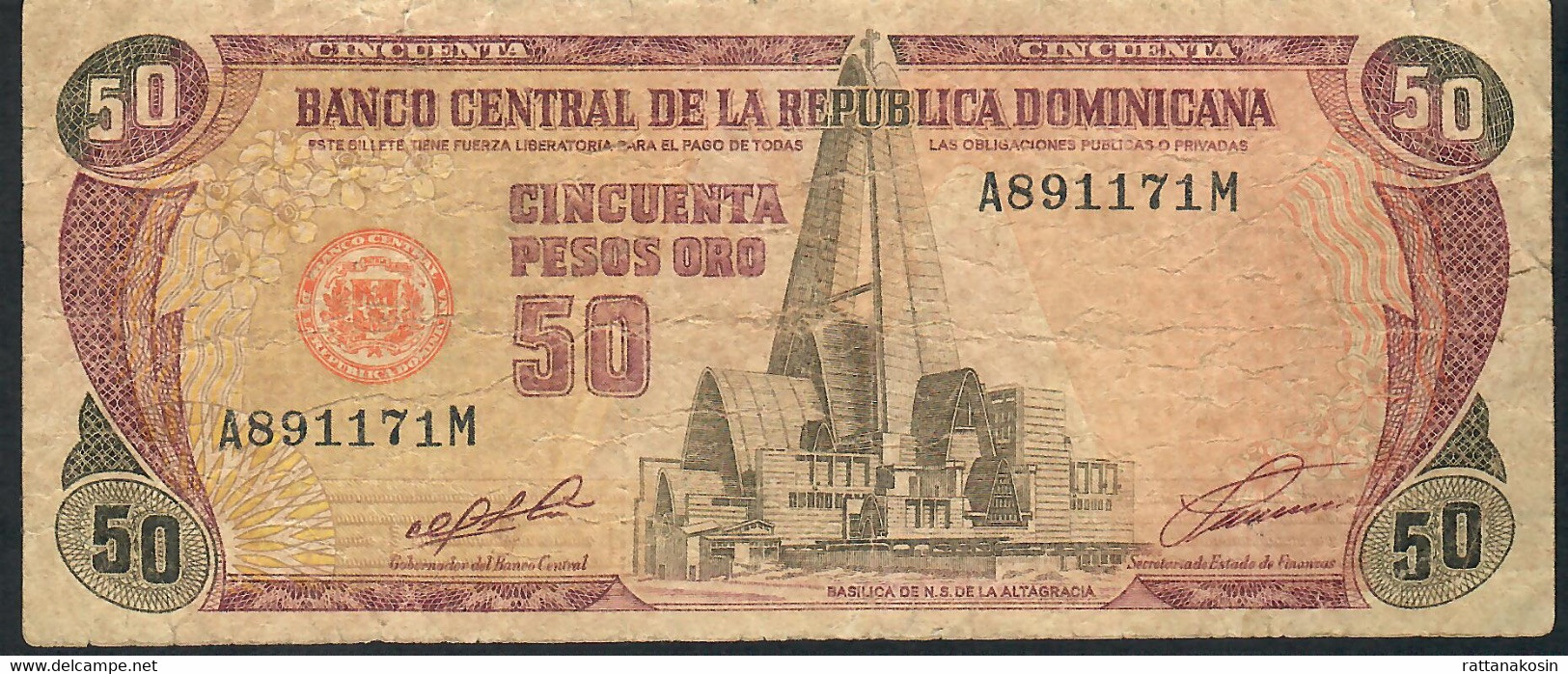 DOMINICAN REPUBLIC P135 50 PESOS 1991  #A/M  FINE FOLDS NO P.h. - Dominicaine