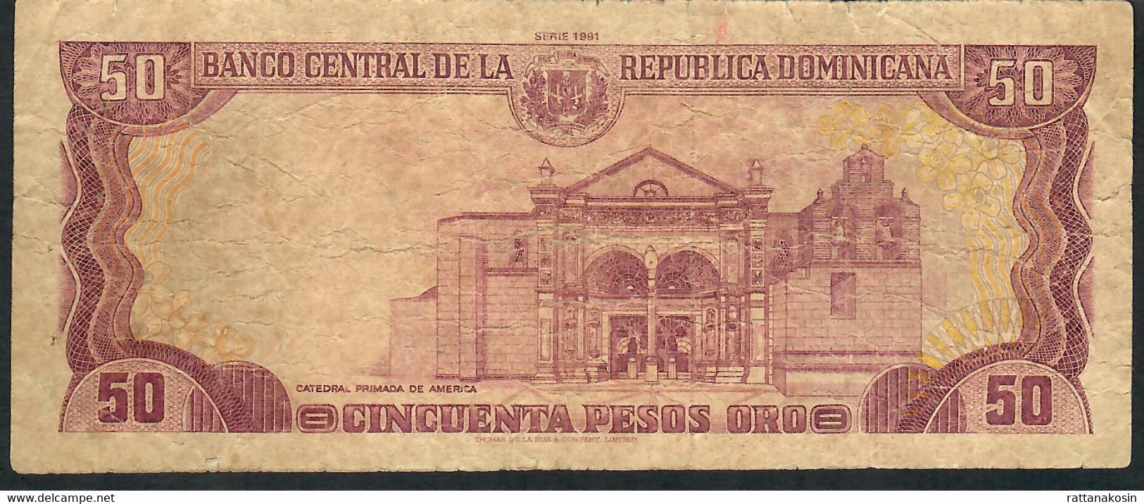 DOMINICAN REPUBLIC P135 50 PESOS 1991  #A/M  FINE FOLDS NO P.h. - República Dominicana