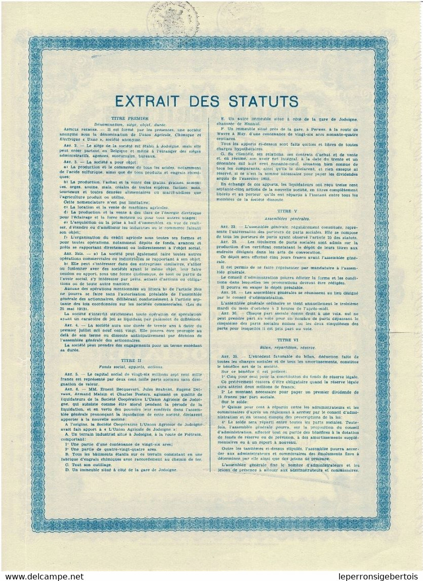 -  Titre De 1929 -  Union Agricole Chimique Et Electrique - UNAC - Jodoigne - Agriculture